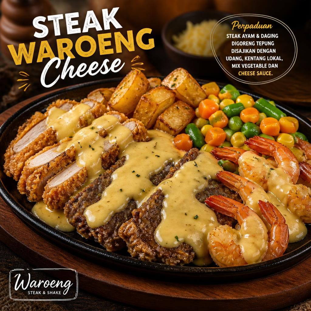 Steak Waroeng Cheese dengan perpaduan steak ayam, daging sapi, dan saus keju